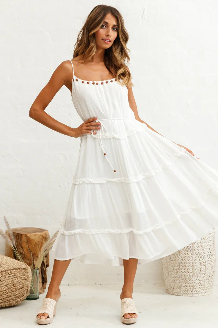 Daybreak Frill Trim Wooden Bead Midi Dress White