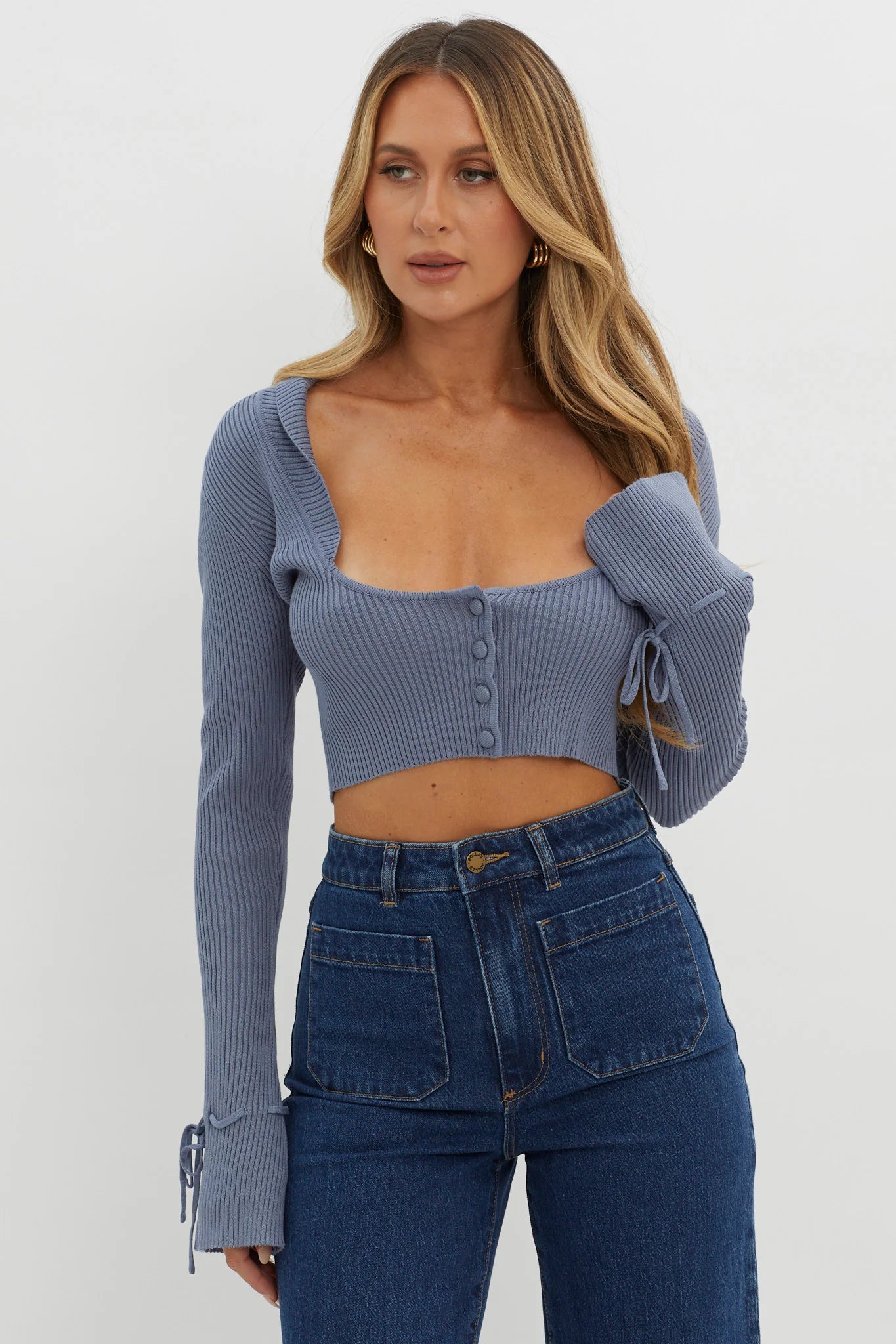Pippi Flared Cuff Knit Crop Top Dusty Blue