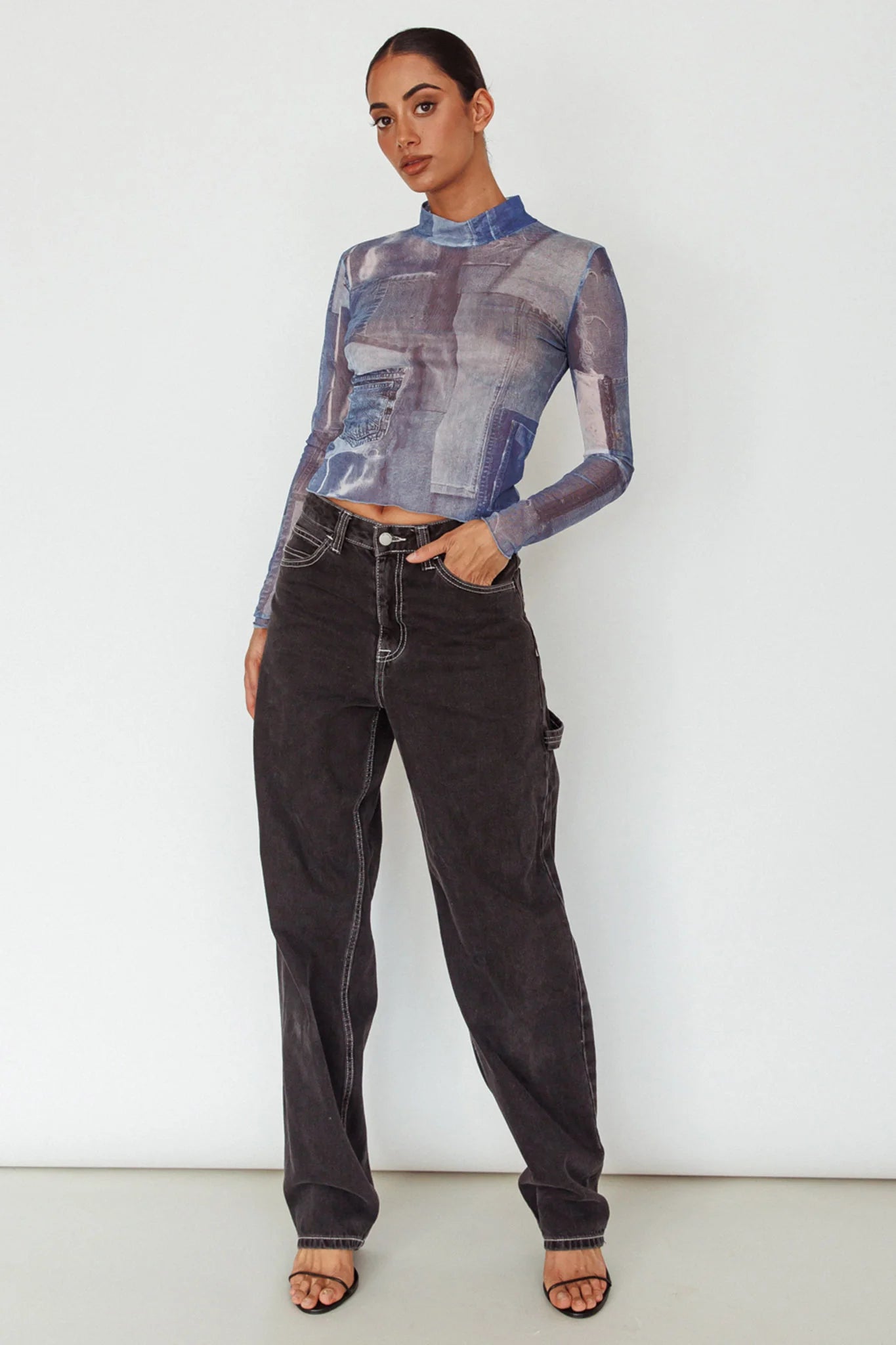 Giza Long Sleeve Mock Neck Top Print Denim Multi