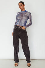 Giza Long Sleeve Mock Neck Top Print Denim Multi