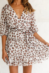 Cherish Bow Shoulder Ruffle Detail Dress Floral Animal Print White