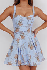 Get My Attention Basque Waist Mini Dress Floral Blue