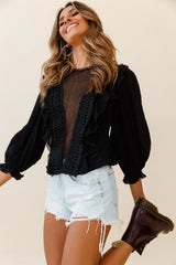 Festival Lights Puff Sleeve Textured Trim Detail Top Black