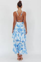 Veda Strappy Back Ruffle Maxi Dress Roses Blue