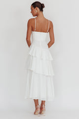 Rose Garden Tiered Ruffle Floral Trim Maxi Dress White