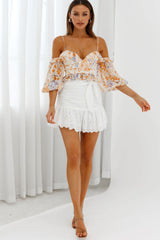 Fiorella Sweetheart Neckline Balloon Sleeve Crop Top Floral Print Orange