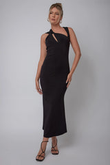Karyl Shoulder Sash Midi Dress Black