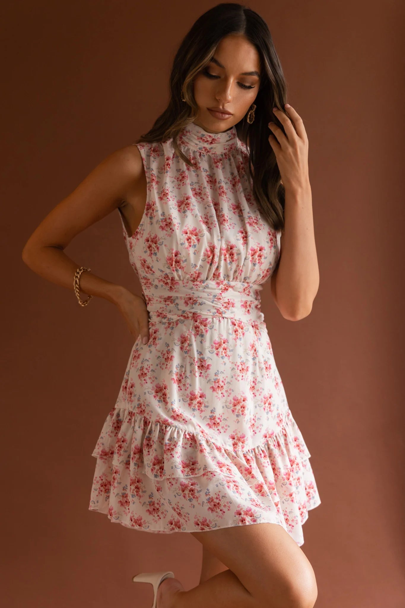 Mandalay High Neck Sleeveless Waistband Dress Vintage Floral Pink