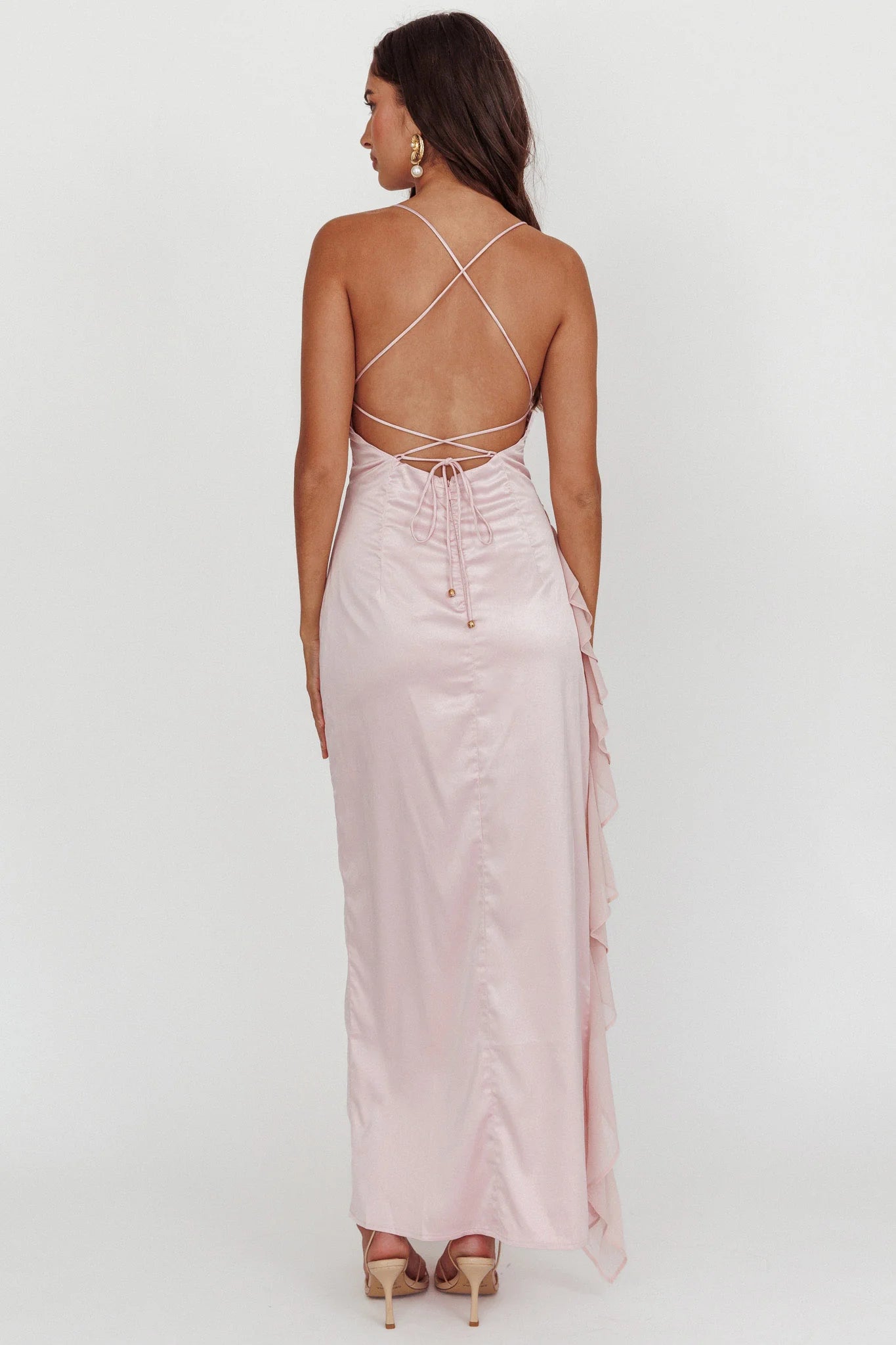 Katarina Satin Ruffle Hem Maxi Dress Cheek