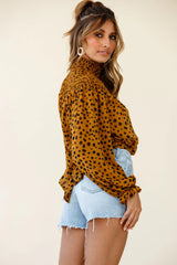 Sparrow High Neck Shirred Blouse Spot Print Brown