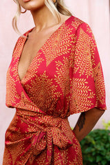 Nadi V-Neckline Wrap Romper Leaf Print Wine