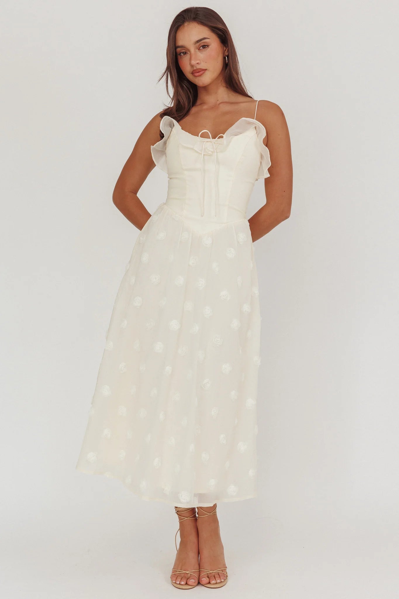 Gelati Embellished Tie Strap Midi Dress Cream