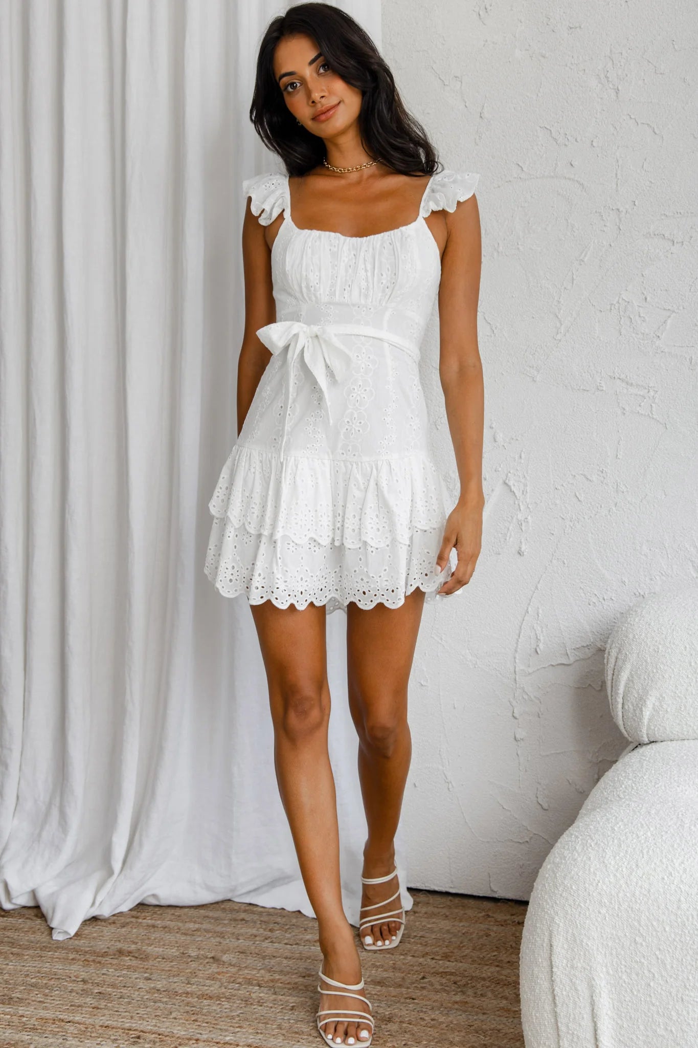 Fairytale Ending Ruffle Strap Eyelet Dress White