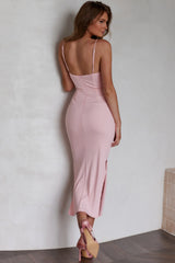 Frieda Cowl Neck Side Split Ribbed Midi Dress Blush
