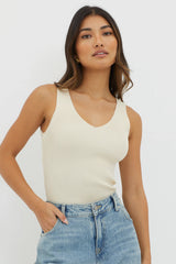 Off-Duty V-Neck Ribbed Knit Top Cream