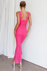 Nadia Ruched Fishtail Maxi Dress Hot Pink