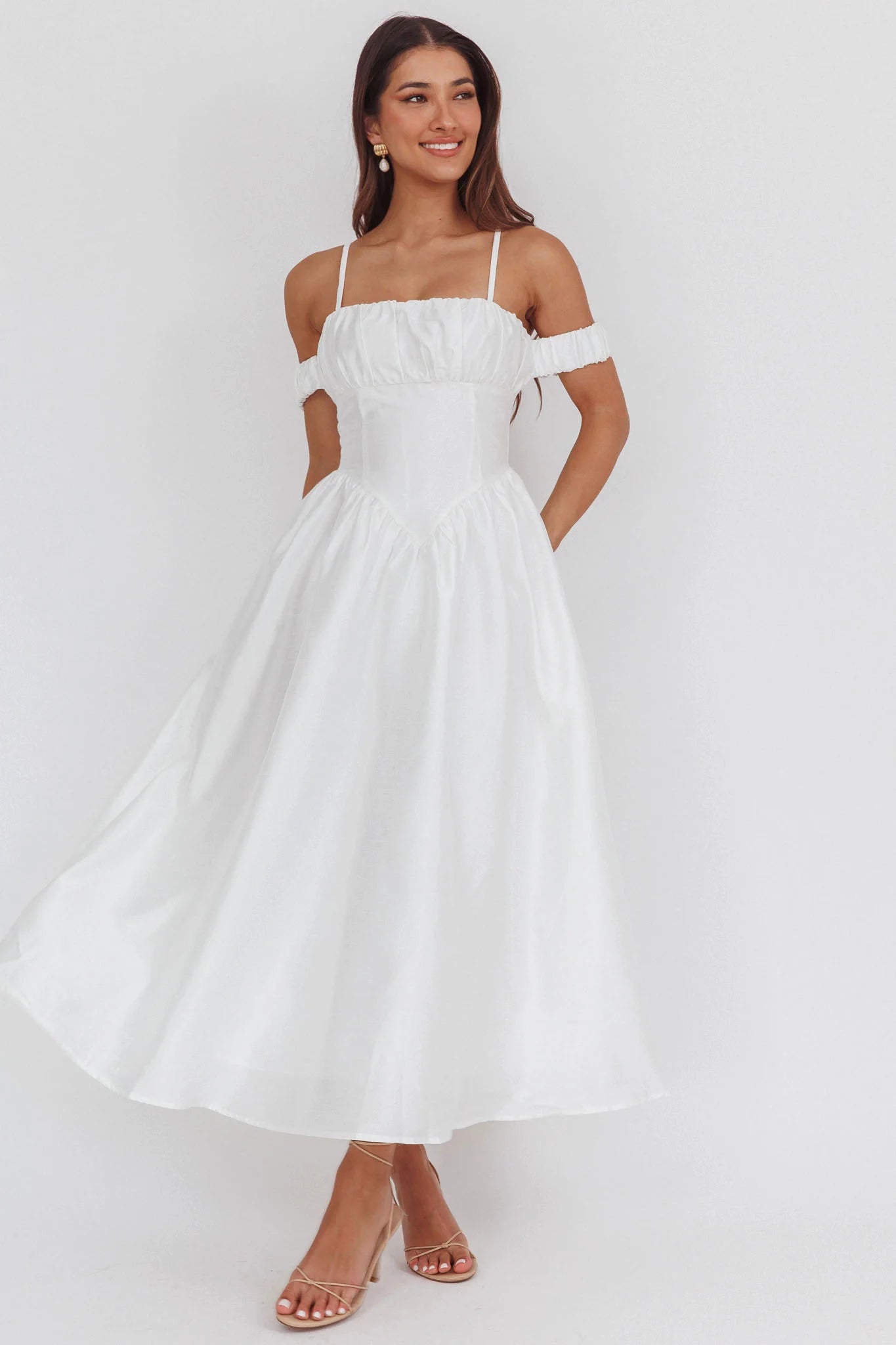 Heavens Above Off-Shoulder Basque Waist Midi Dress Ivory