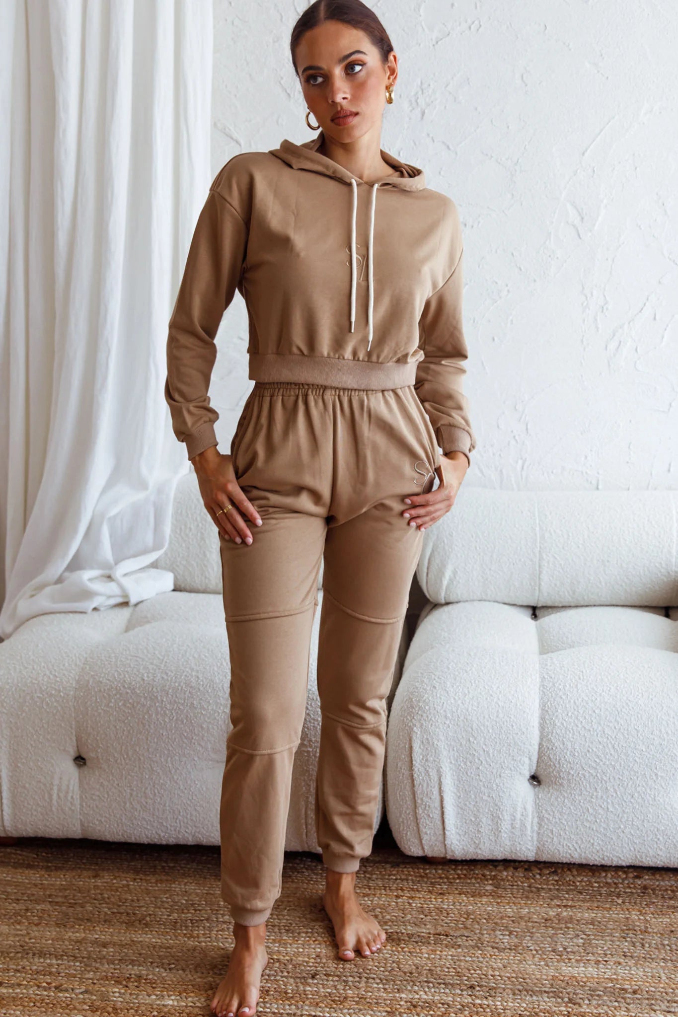 Glow Getter Drawstring Hood Embroidery Logo Hoodie Beige