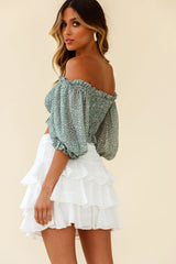 Meet Cute Shirred Bust Off-Shoulder Crop Top Speckle Print Olive