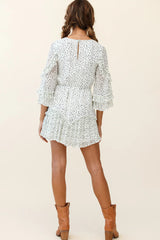 Yours Sincerely Three-Quarter Sleeve Accordion Pleat Dress Speckle Print White