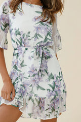 Azealia  Ruffle Hem Dress Flower Print White