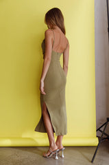 Crazy In Love Cowl Neck Cut-Out Waist Midi Dress Olive