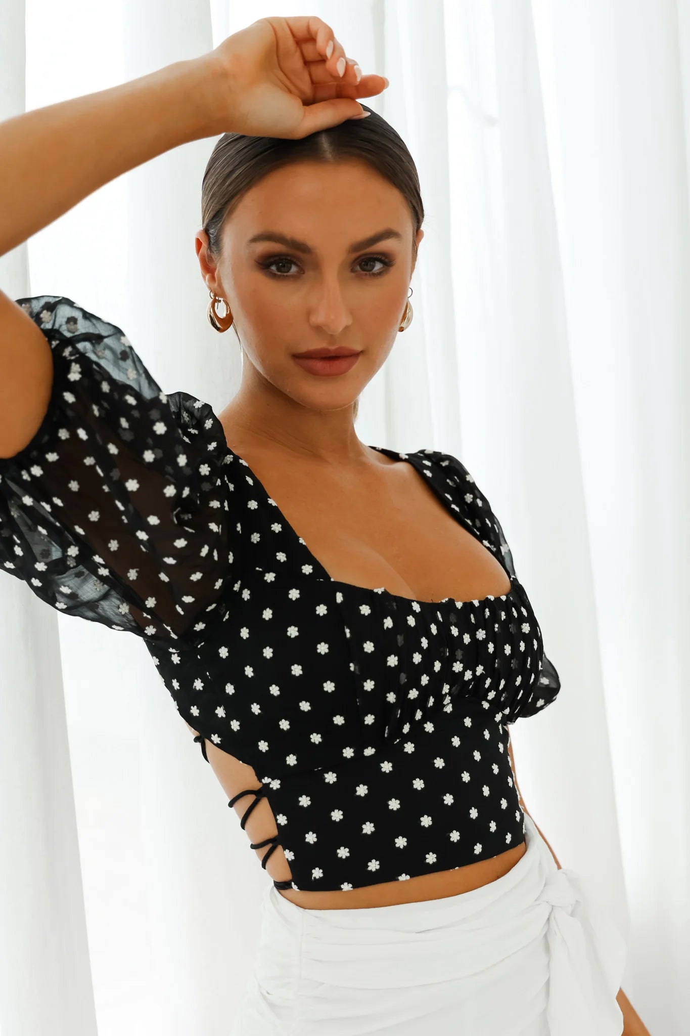 Petite Cherie Puff Sleeve Lace-Up Back Crop Top Floral Embroidered Black
