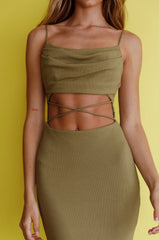 Crazy In Love Cowl Neck Cut-Out Waist Midi Dress Olive