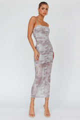 Logan Strapless Ruched Midi Dress Print Sand