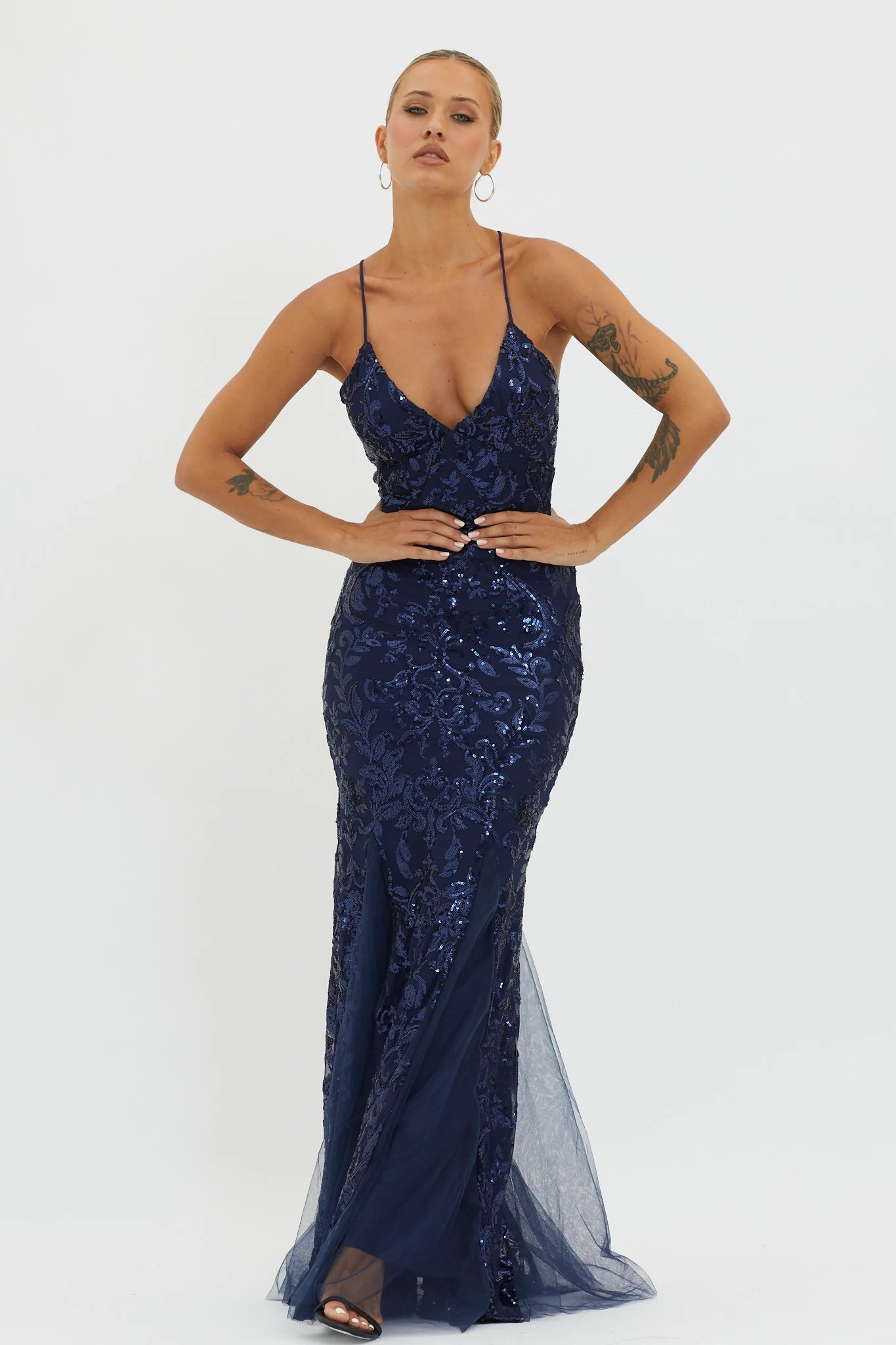 Serenade Song Godet Hem Sequin Maxi Dress Navy