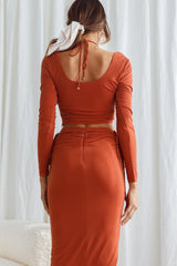 Your Muse Long Sleeve Drawstring Bust Crop Top Chocolate