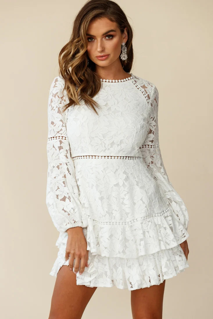 Henrietta Lace Overlay Long Sleeve Ruffle Dress White