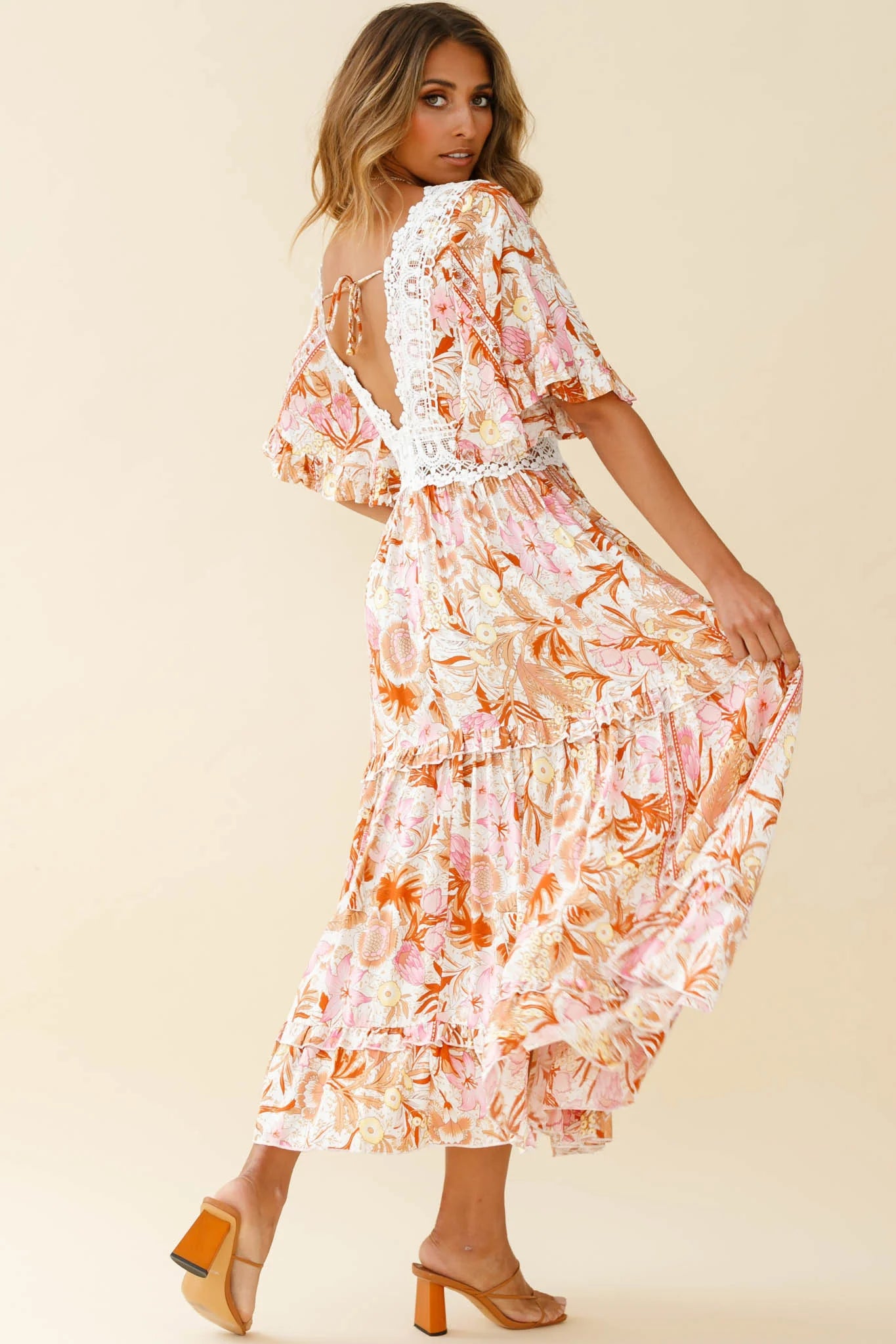 Indio Crochet Insert Deep V-Neckline Angel Sleeve Maxi Dress Floral Print Pink