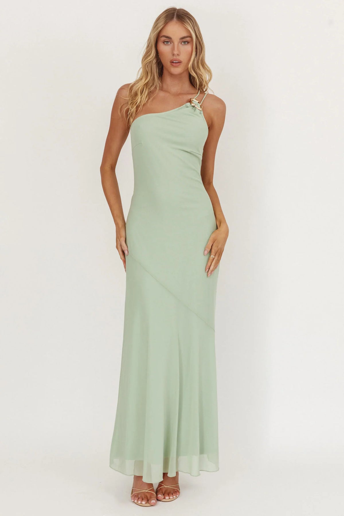 We Belong Together One-Shoulder Buckle Maxi Dress Mint