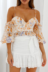 Fiorella Sweetheart Neckline Balloon Sleeve Crop Top Floral Print Orange