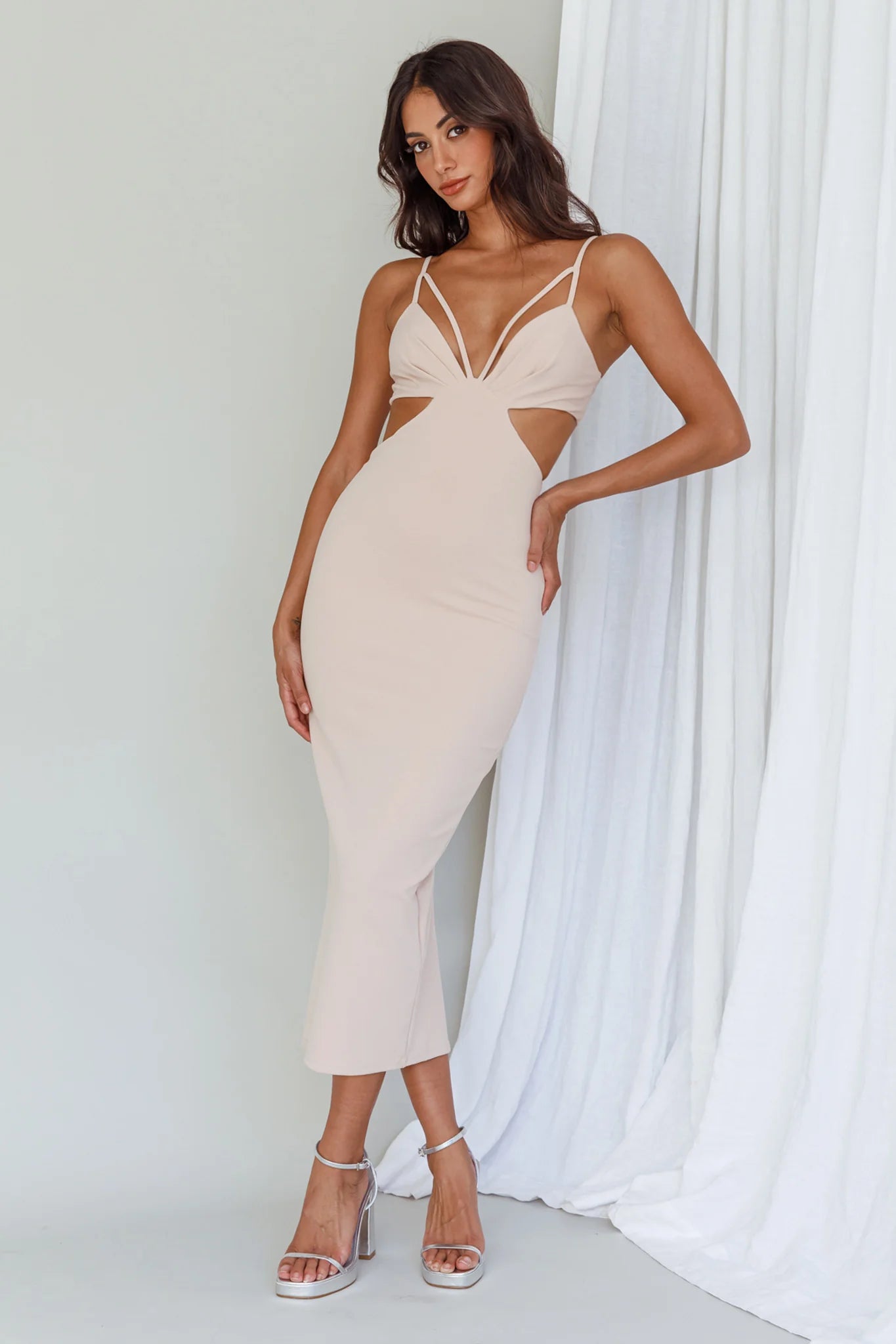 Sarita String Bust Midi Dress Beige