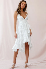 Blessed Wrap Ruffle Hem Midi Dress Dot Print White