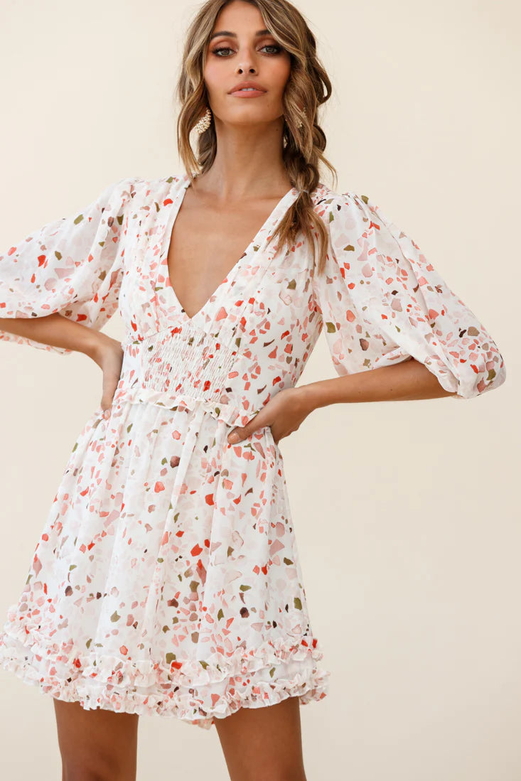 Born Free Shirring Detail Frill Trim Dress Pink Multi