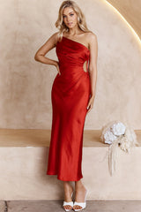 Taking Bets One Shoulder Satin Midi Dress Red