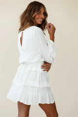 Dusk Long Sleeve Waist Tie Frill Dress White