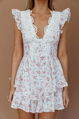 Aylina Scalloped Lace Romper Floral Red