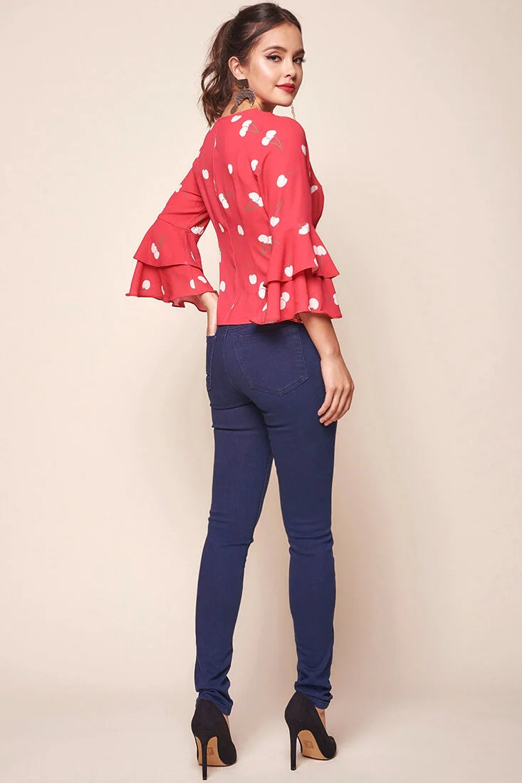 Robbi Cherry on Top Deep V Bell Sleeved Top Red
