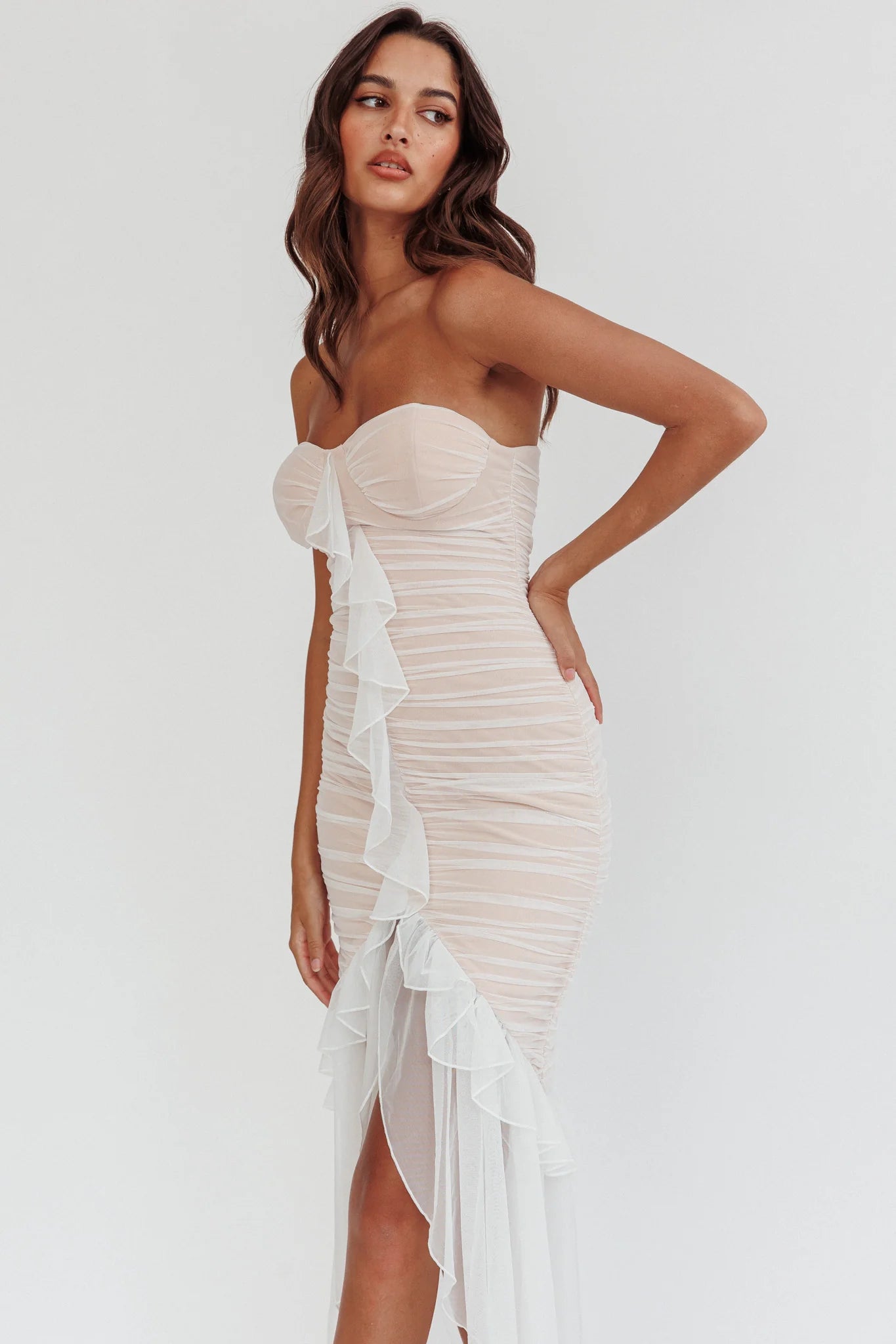 Mesmerize Strapless High-Low Hem Mesh Dress White
