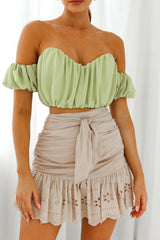 Bisous Sweetheart Neckline Ruched Off-Shoulder Crop Top Apple