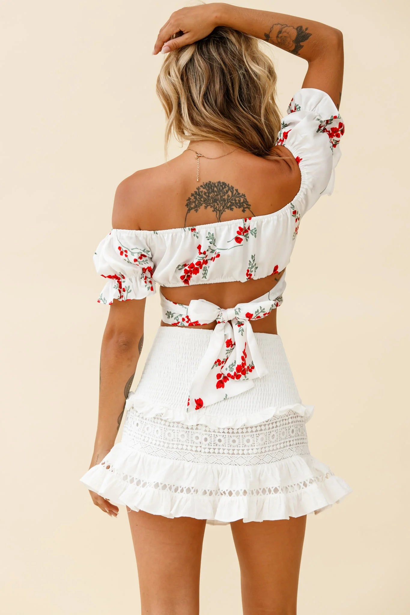 Linka Off-Shoulder Tie-Back Crop Top Red Floral Print White