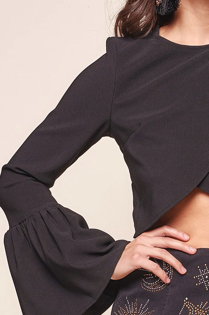 Odeya Asymmetrical Bell Sleeve Crop Top Black