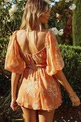 First Light Puff Sleeve Elasticated Waist Romper Floral Bouquet Print Orange
