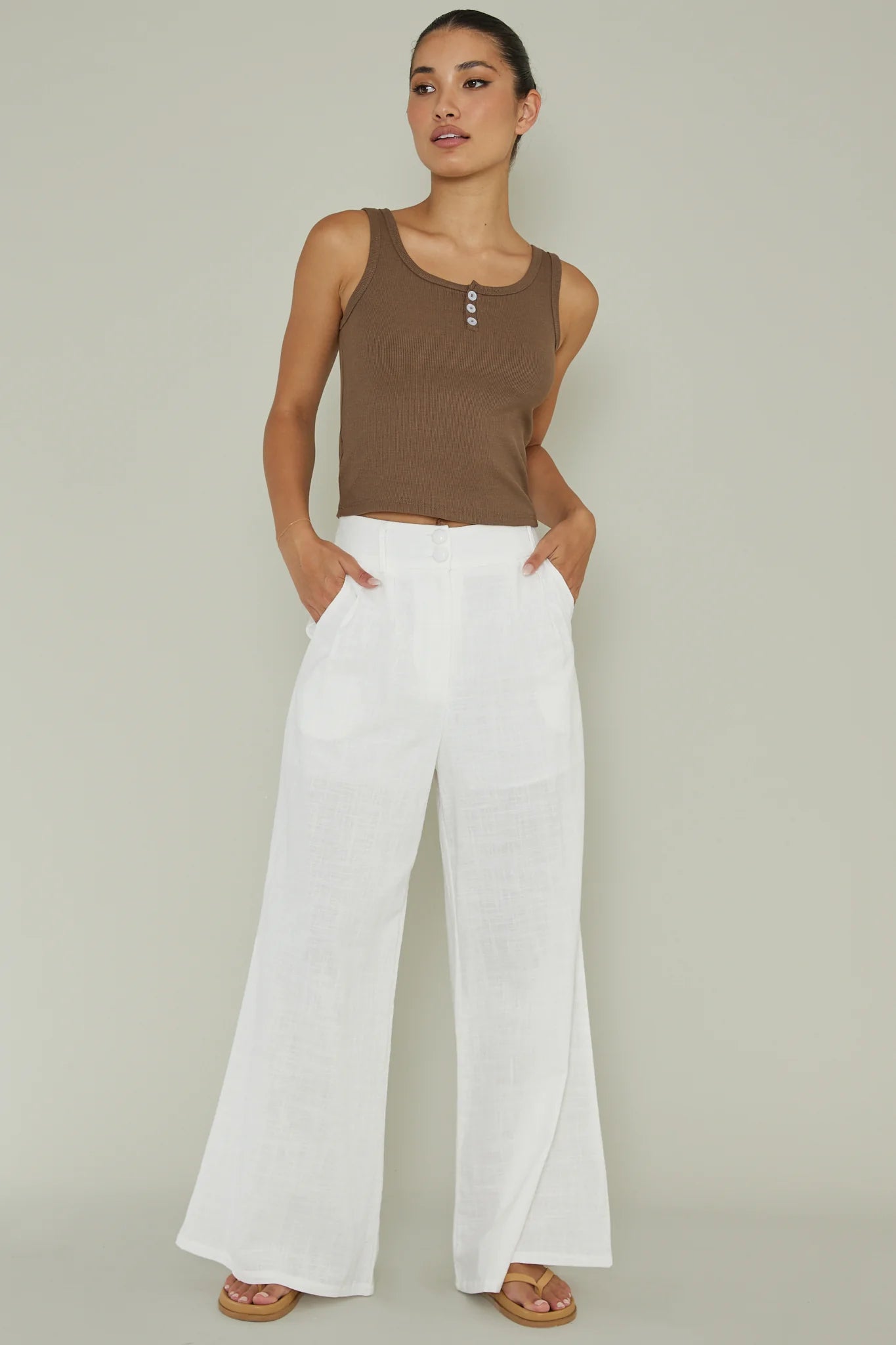 Recess Thick Strap Ribbed Top Brown