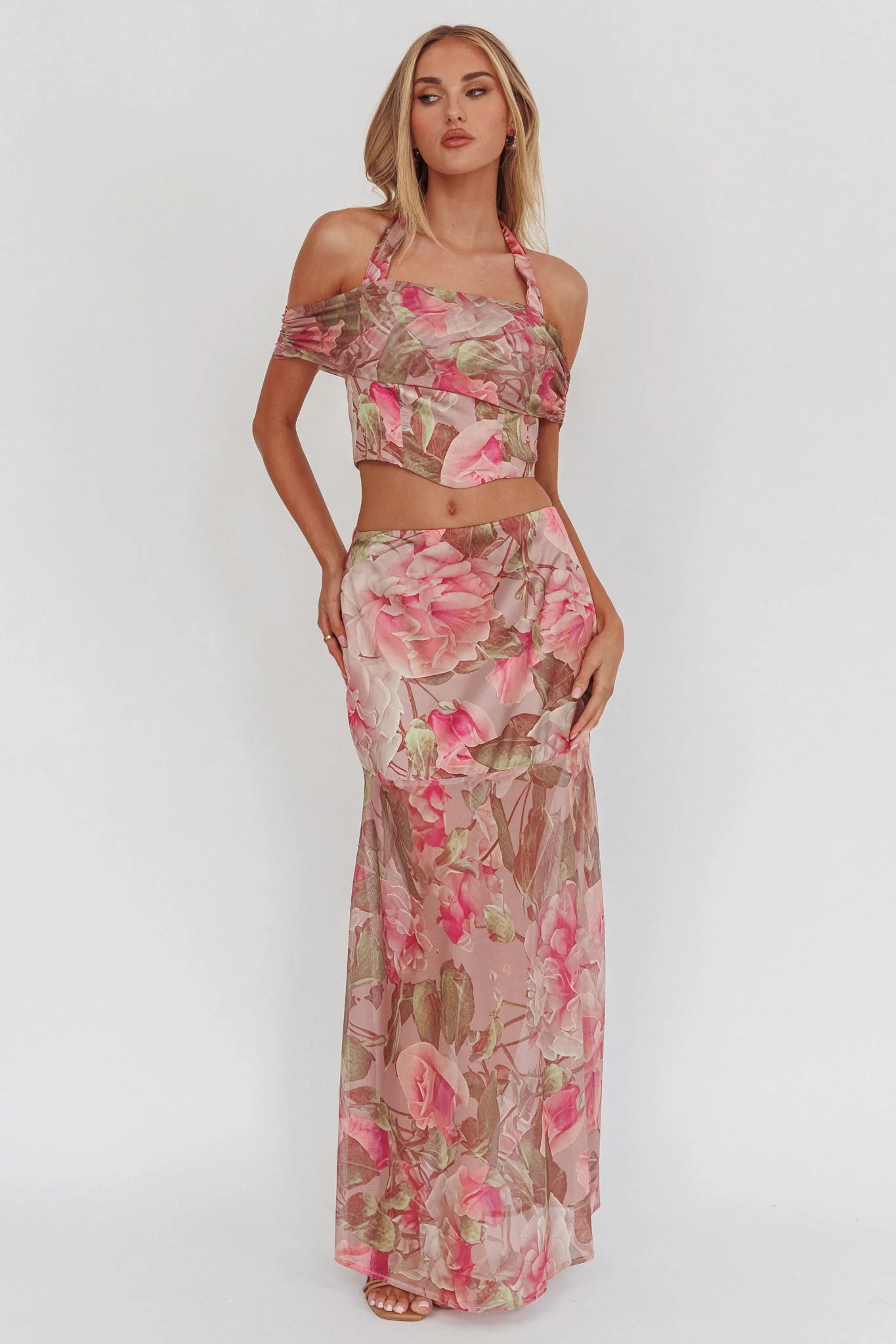 Sunset High Halterneck Crop Top Floral Blush