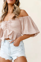 Avaline Balloon Sleeve Ruched Bust Bardot Top Beige